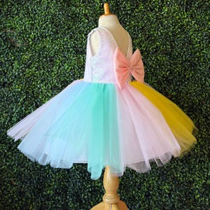 Unicorn Pastel Rainbow Tulle V-Back Knee Length Iridescent Sequin Trendy Birthday Toddler Dress