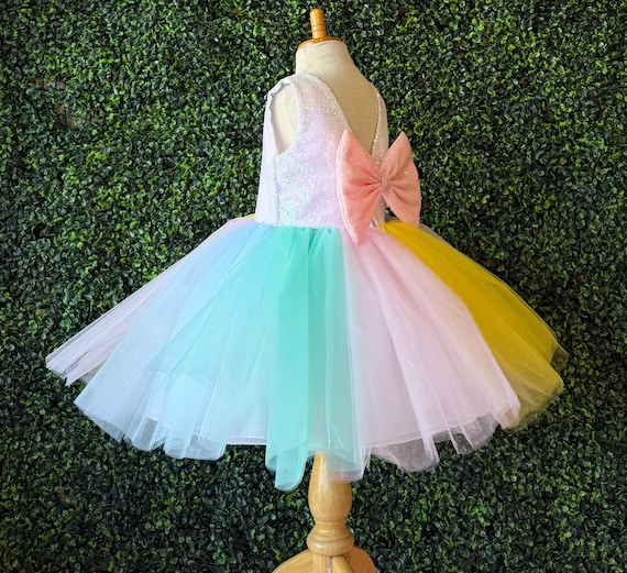 Unicorn Pastel Rainbow Tulle V-Back Knee Length Iridescent Sequin Trendy Birthday Toddler Dress