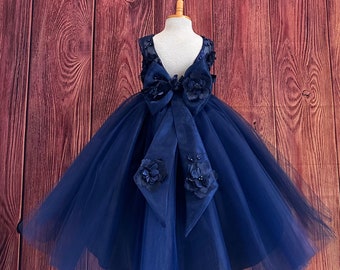 Navy Blue Floral Embroidery Tulle V-Back Elegant Wedding Flower Girl Pageant Birthday Princess Summer Toddler Bridesmaids Dress
