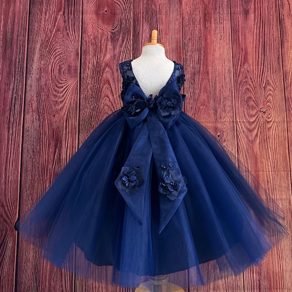 Navy Blue Floral Embroidery Tulle V-Back Elegant Wedding Flower Girl Pageant Birthday Princess Summer Fall Toddler Girl Bridesmaids Dress