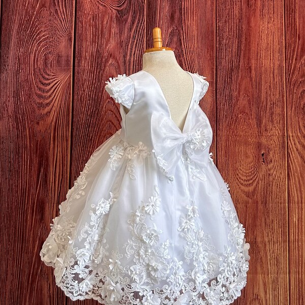 White V-Back Lace Embroidery Cap Sleeve Knee Length Communion Wedding Flower Girl Bridesmaid Baptism Summer Infant Toddler Girl Dress