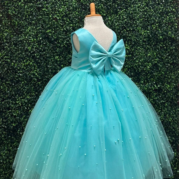 Aqua Ankle Length Pearl 4 Layer Tulle V-Back Big Bow Summer Wedding Birthday Flower Girl Trendy Ball Gown Pageant Elegant Toddler Girl Dress