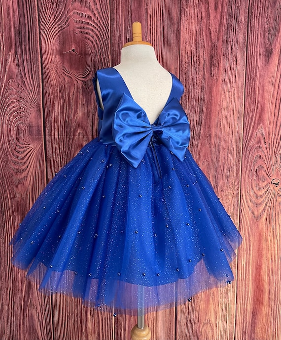 Royal Blue V-Back Pearl Tulle Knee Length Big Bow Flower Girl Spring Summer Holiday Pageant Birthday Girl Princess Infant Toddler Girl Dress