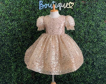 Champagne Pearl Sequin Tulle Cap Sleeve Elegant Flower Girl Bridal Wedding Toddler Junior Girl Birthday Princess Pageant Summer Girl Dress
