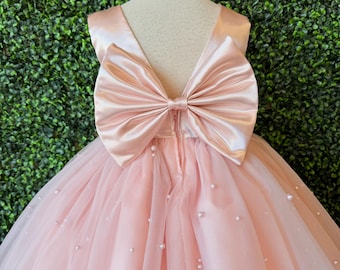 Flower Girl Blush Pearl Tulle V-Back Knee Length Toddler Junior Sleeveless Dress