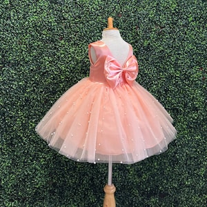 Peach Elegant 4 Layer Tulle Pearl V-Back Knee Length Flower Girl Wedding Trendy Summer Easter Pageant Infant Toddler Princess Girl Dress