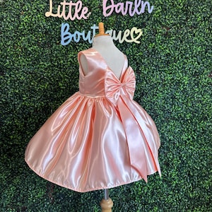 Flower Girl Satin Knee Length V-Back Big Bow Wedding Peach Church Birthday Princess Smash Cake Photoshoot Trendy. Girly Toddler Junior Dress