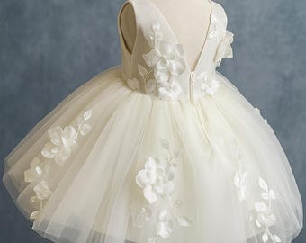Robe de fille d'honneur ivoire à broderies florales en tulle avec dos en V, mariage classique, communion, baptême, enfant en bas âge, robe pour bébé