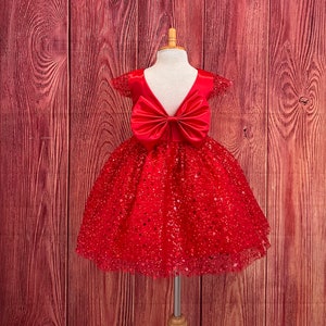 Red Sequin Pearl V-Back Knee Length Cap Sleeve Flower Girl Summer Wedding Christmas Toddler Princes Junior Photoshoot Birthday Party Dress