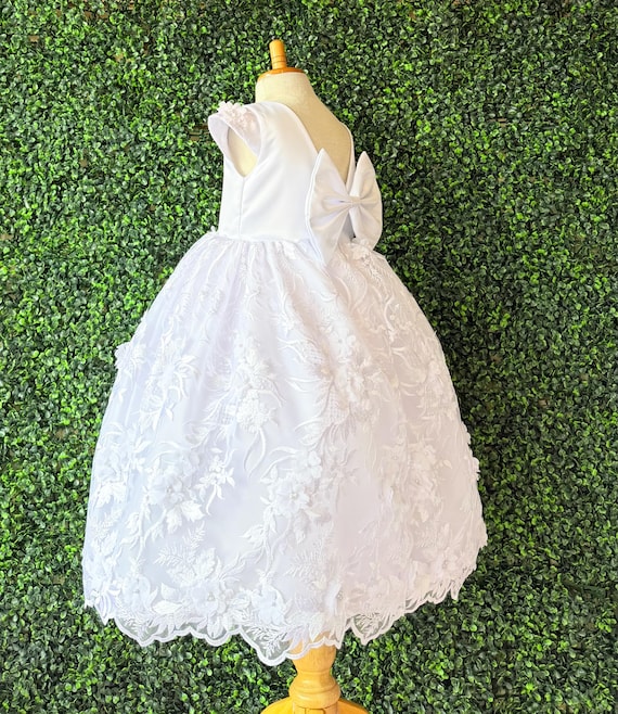 Communion White Embroidery Baptism V-back Cap Sleeve Ankle Length Toddler Junior Dress