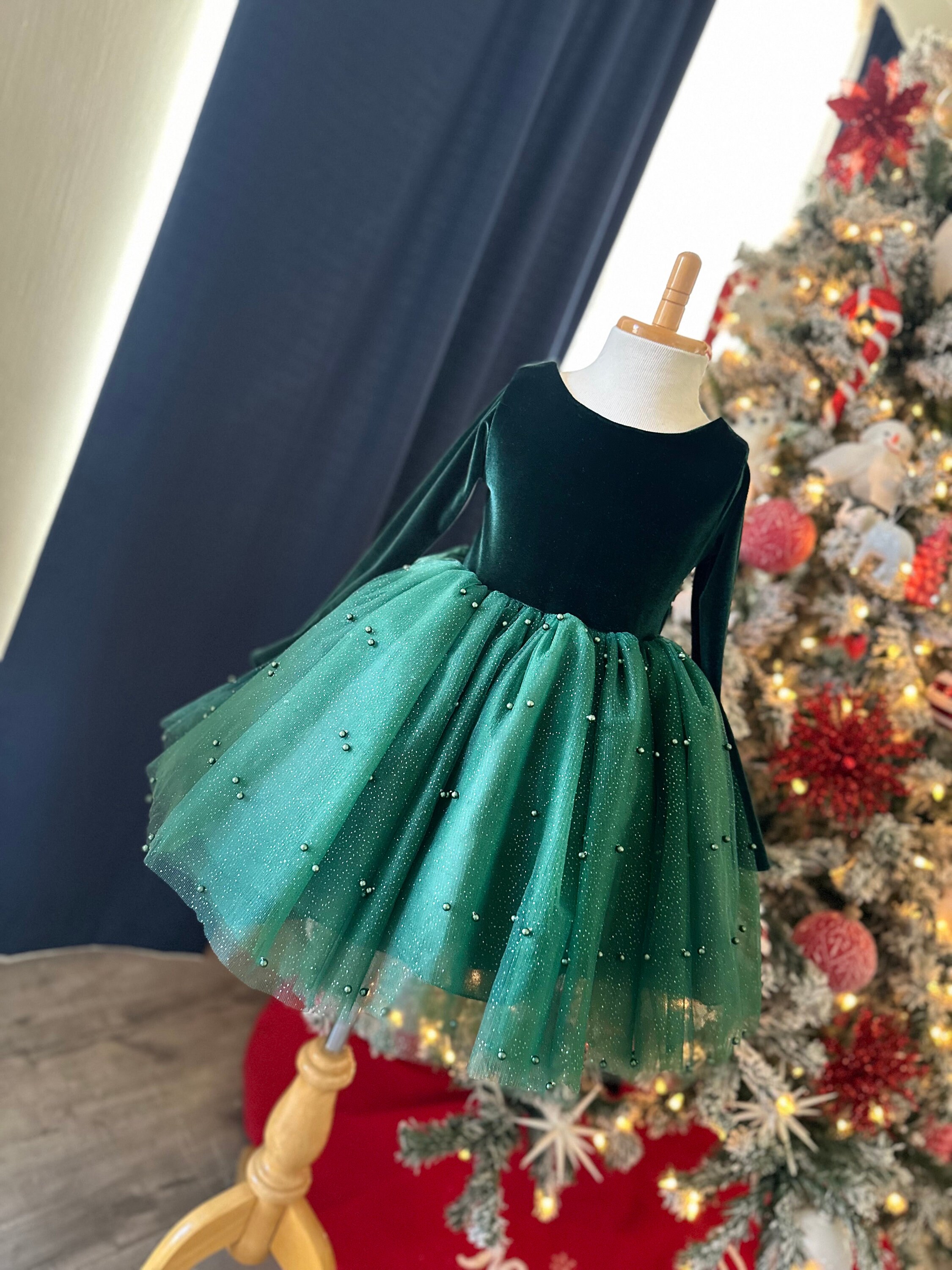 Hunter Green Velvet Tulle Pearl Knee Length Holiday Christmas Photoshoot  Smash Cake Winter Toddler Junior Girls Dress - Etsy