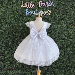 White Sequin Tulle Pearl V-Back Cap Sleeve Communion Baptism Toddler Trendy Knee Length Flower Girl Summer Church Wedding Birthday Dress