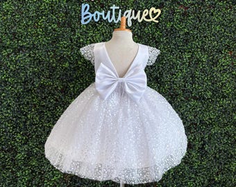 White Sequin Tulle Pearl V-Back Cap Sleeve Communion Baptism Toddler Trendy Knee Length Flower Girl Summer Church Wedding Birthday Dress