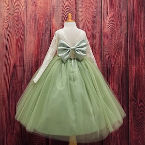 Ivoire floral vintage dentelle à manches longues dos en V sauge 4 couches tulle longueur cheville anniversaire princesse mariage fille d&#39;honneur robe d&#39;été pour tout-petit