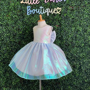 White Sequin Iridescent Birthday Trendy V-Back Knee Length Summer Easter Toddler Junior Girl Play Dress Up Pageant Big Bow Dress