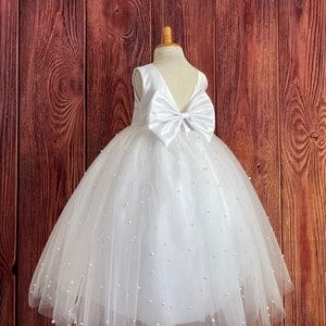 White Pearl Tulle V-Back Ankle Length Big Bow Flower Girl Wedding Summer Easter Elegant Infant Toddler Girl Communion Baptism Girl Gown