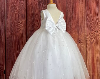 White Pearl Tulle V-Back Ankle Length Big Bow Flower Girl Wedding Summer Easter Elegant Infant Toddler Girl Communion Baptism Girl Gown