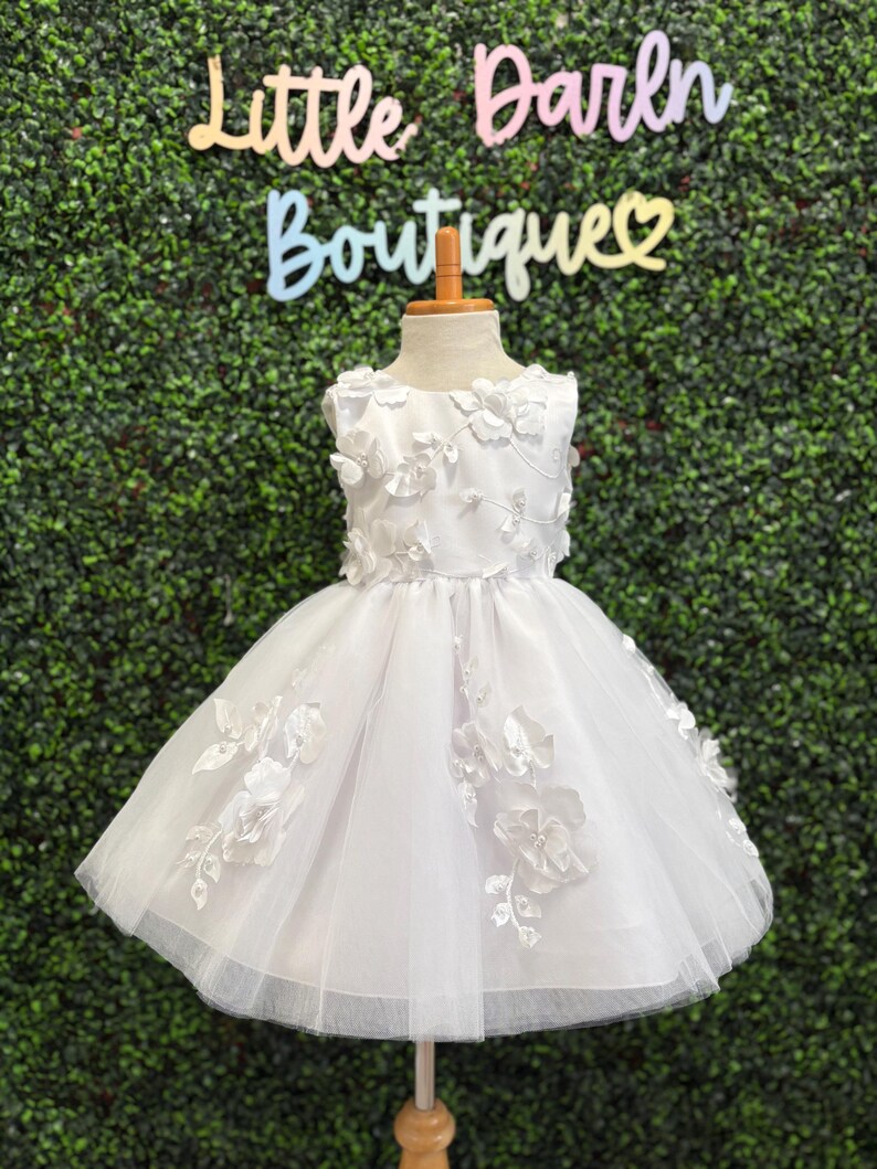 White Floral Embroidered Tulle Dress for Girls main image 0