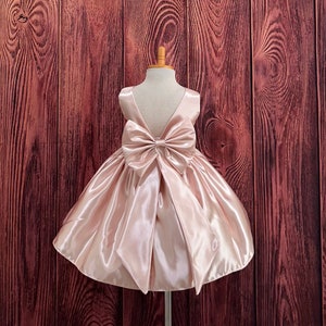 Blush Satin Knee Length V-Back Big Bow Elegant Flower Girl Infant Toddler Junior Summer Easter Spring Photoshoot Birthday Princess Dress
