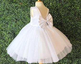 White Tulle V-Back Knee Length Wedding Flower Girl Communion Infant Toddler Girl Summer Birthday Dress