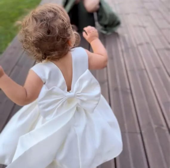 knee length communion dress Ivory Satin V-Back Wedding Flower Girl Toddler Baptism x-mappingIndex:21255-40701