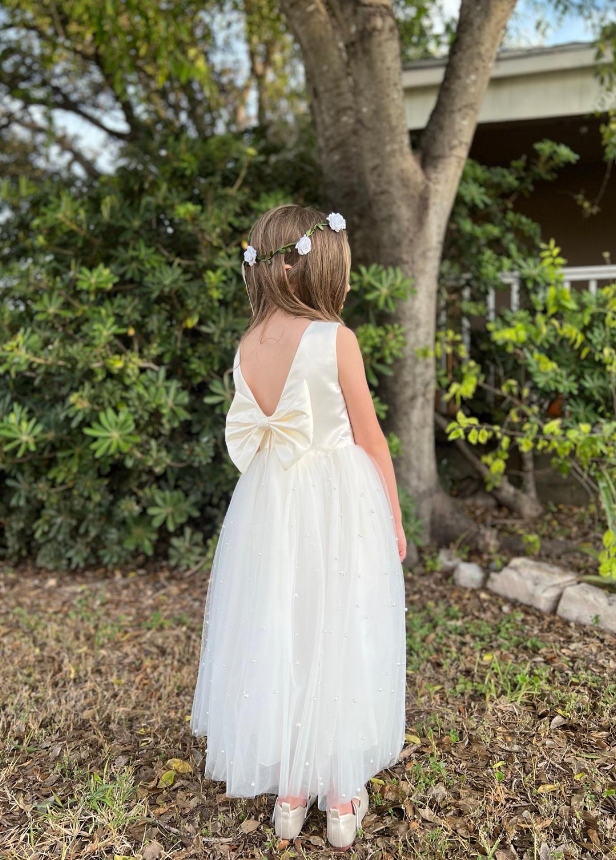 Girls Princess Flower Girl Dress Pearl Tulle Bodice Bow Back Wedding First Communion Gown