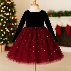 Burgundy Pearl Knee Length Black Velvet Long Sleeve Elegant Wedding Flower Girl Fall Winter Holiday Christmas Photoshoot Birthday Girl Dress