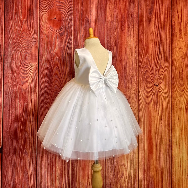 White 4 Layer Pearl Tulle Elegant Wedding Winter Communion Baptism Birthday Flower Girl V-Back Knee Length Pageant Infant Toddler Girl Dress