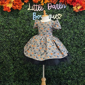 Halloween Costume Pageant Parade Birthday Smash Cake Spooky Season Knee Length Trendy Pumpkin Bat Candy Corn Print Infant Toddler Dress