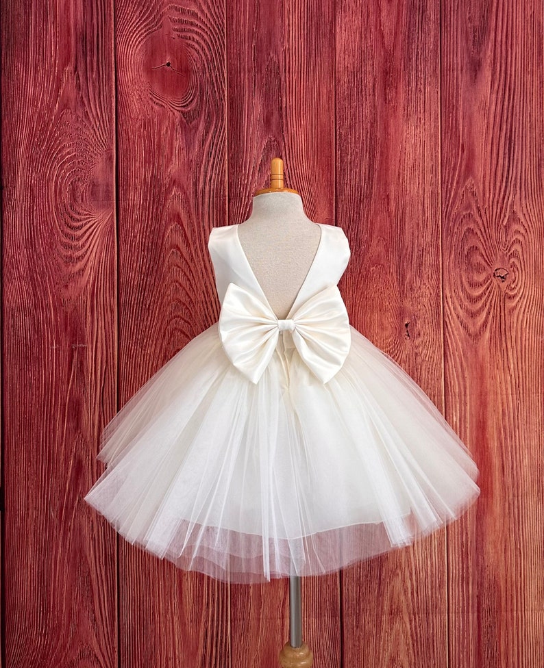 Ivory 4 Layer Tulle V-Back Classic Knee Length Elegant Wedding Flower Girl Summer Spring Birthday Girl Princess Trendy Chic Holiday Dress image 2