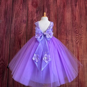 Lilac V-Back Sleeves Floral Embroidery Tulle Ankle Length Summer Spring Flower Girl Wedding Birthday Princess Ball Gown Pageant Dress