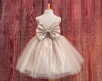 Champagne 4 Layer Pearl Tulle V-Back Satin Wedding Flower Girl Knee Length Birthday Summer Toddler Girl Elegant Trendy Pageant Dress