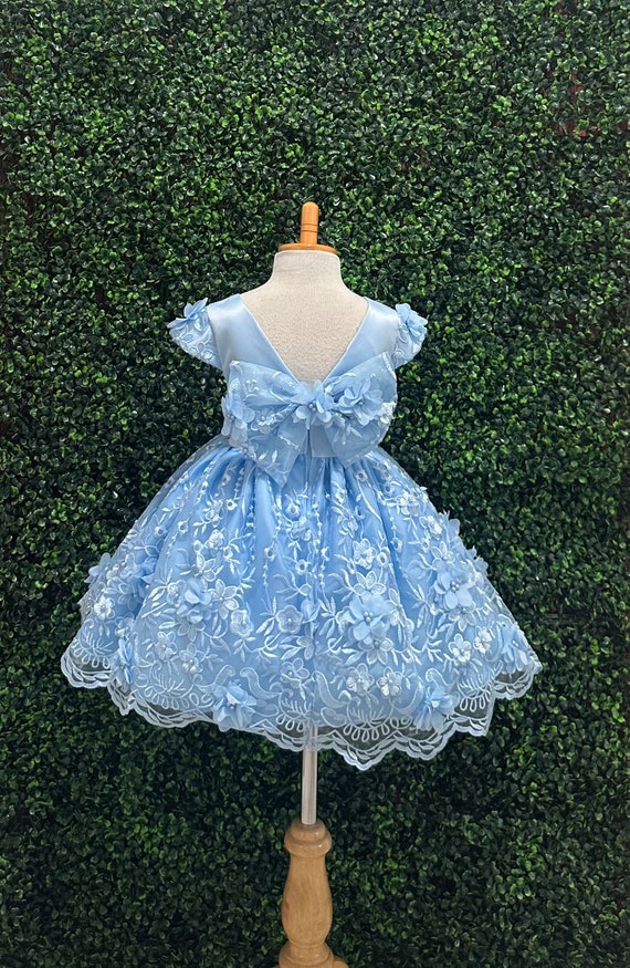Baby Blue Spring Summer Easter Photoshoot Trendy V-Back Knee Length Wedding Flower Girl Infant Toddler Junior Girl Pageant Birthday Dress
