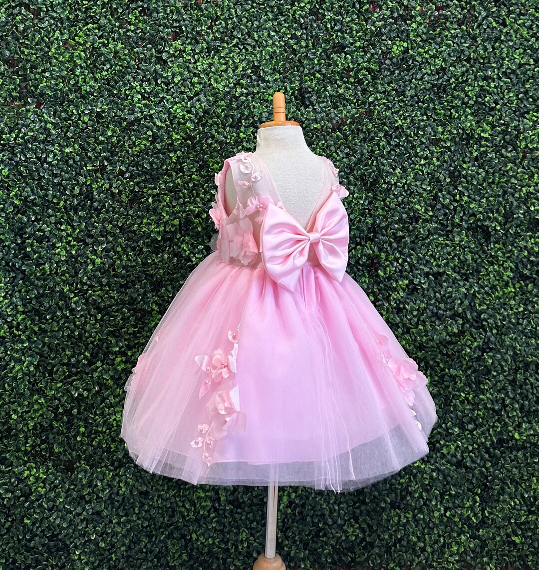 Pink Tulle Layered  V Back Flower Girl Dress