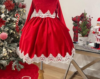 Christmas Holiday Red Velvet Infant Toddler Junior Long Sleeve Elegant Knee Length Photoshoot Dress