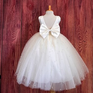 Ivory 4 Layer Pearl Tulle V-Back Ankle Length Wedding Flower Girl Trendy Summer Pageant Infant Toddler Princess Photoshoot Winter Girl Dress