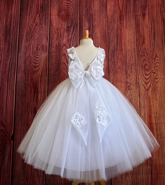 White Floral Embroidery Tulle Ankle Length Communion Baptism
