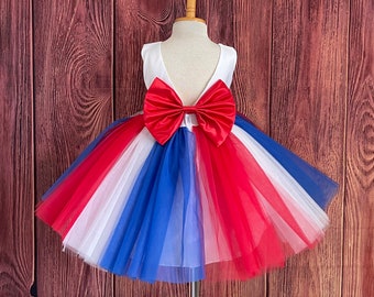 Fourth of July Parade Tulle V-Back Knee Lenght Holiday American Flag Summer TuTu Patriotic Infant Toddler Big Bow Birthday Photoshoot Dress