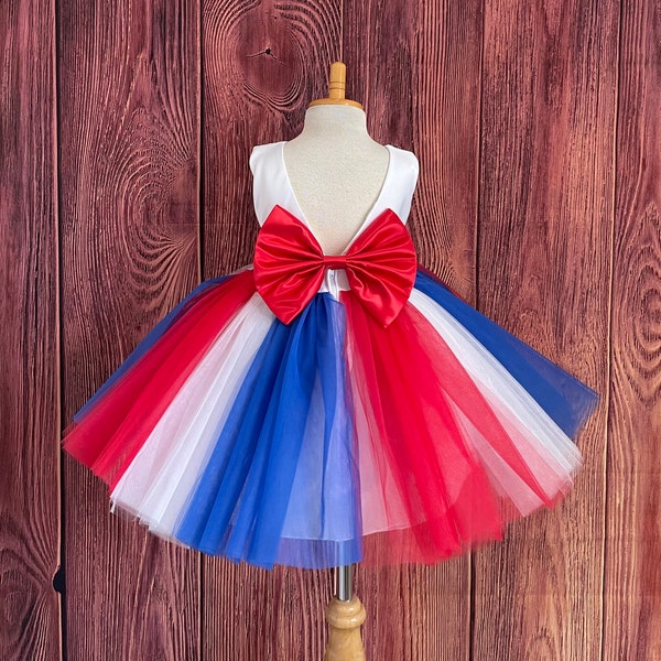 Fourth of July Parade Tulle V-Back Knee Lenght Holiday American Flag Summer TuTu Patriotic Infant Toddler Big Bow Birthday Photoshoot Dress