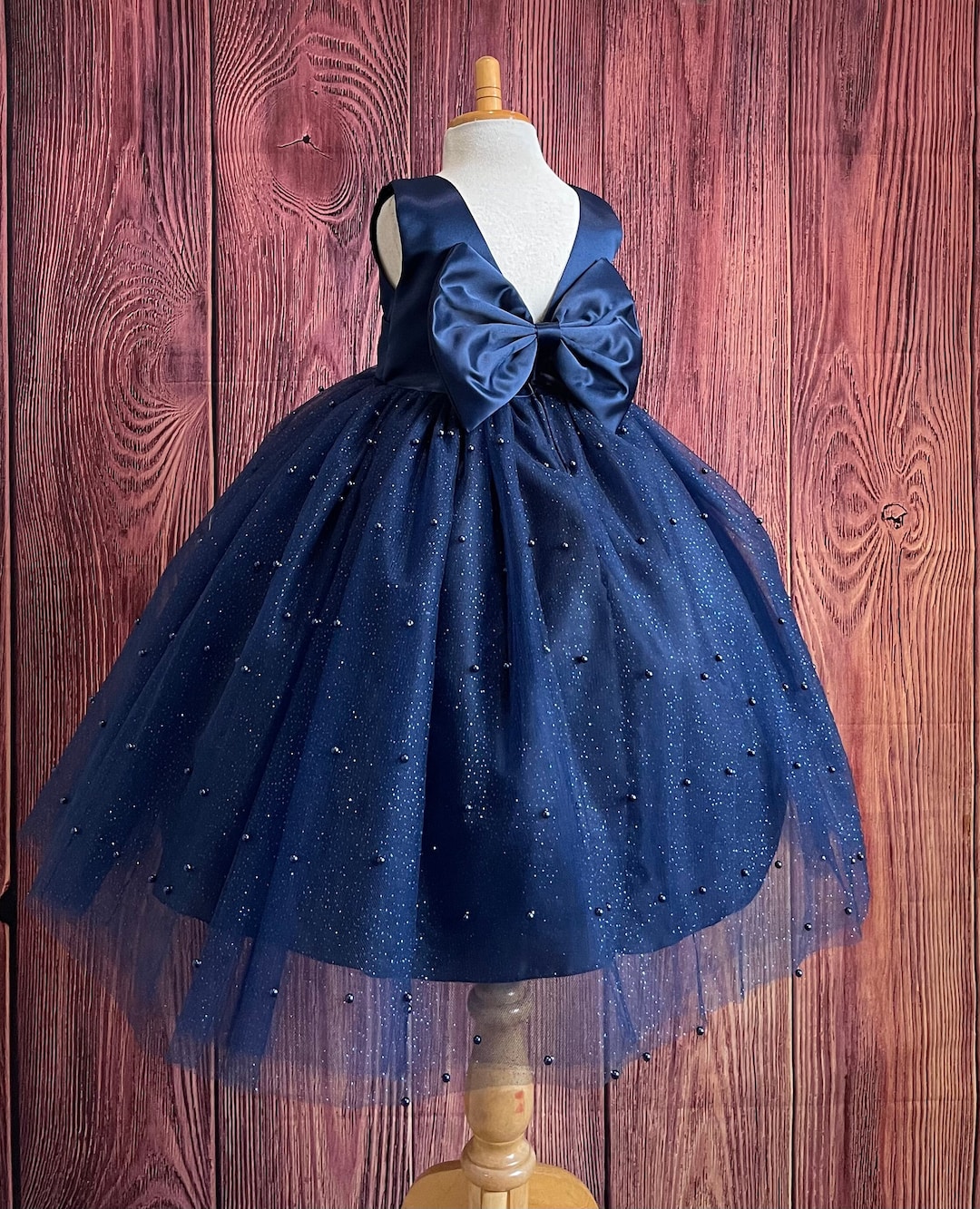Ball Gown Navy Baby Flower Girl Dress Navy Blue Pearl Tulle V-back