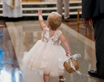 Ivory Floral Embroidery V-Back Classic Flower Girl Wedding Communion Baptism Church Toddler Infant Dress
