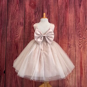 V-Neck Acetate Satin Girl's Dress with Bow Taupe