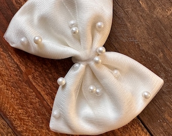 Ivory Pearl Tulle 4inch Big Bow Satin Flower Girl Wedding Baptism Church Elegant Summer Fall Hair Accessory Toddler Junior Hair Piece