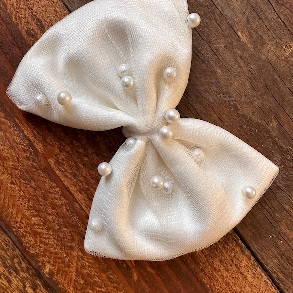 Ivory Pearl Tulle 4inch Big Bow Satin Flower Girl Wedding Baptism Church Elegant Summer Fall Hair Accessory Toddler Junior Hair Piece