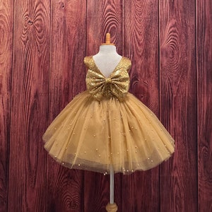 Velvet Tulle Knee-length Gold Toddler Birthday Party Dress main image 0