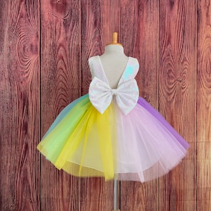 Unicorn Pastel Rainbow Tulle V-Back Knee Length White Iridescent Sequin Trendy Summer Chic Easter Spring Birthday Smash Cake Toddler Dress