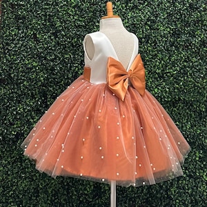 Burnt Orange Ivory Bodice Pearl Tulle Elegant Fall Wedding Birthday Flower Girl Knee Length Pageant Thanksgiving Dinner Photoshoot Dress