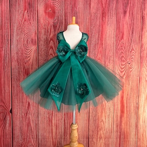 Hunter Green 3D Floral Tulle Knee Length Elegant Wedding Flower Girl Christmas Fall Photoshoot Birthday Princess Toddler Junior Girl Dress