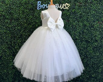 Flower Girl Ivory Pearl V-Back Ankle Length Wedding Birthday Church Toddler Junior Dress