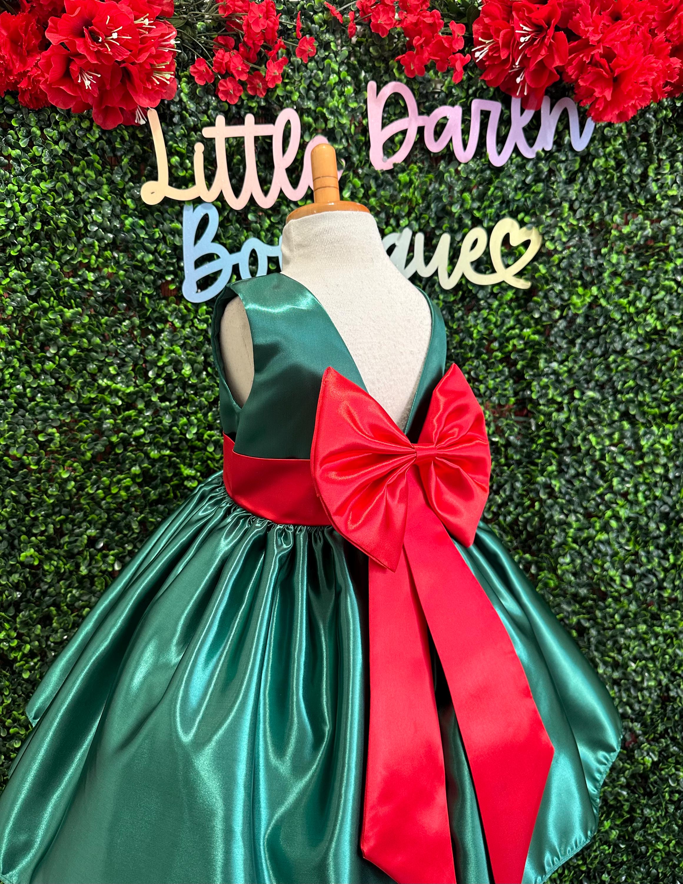 green dress red flowers Flower Girl Hunter Satin V-Back Knee Length Holiday Christmas Wedding School Play Pageant Toddler Junior Girl Big Bow Trendy Extra Plus Size (Women's 18-24+)